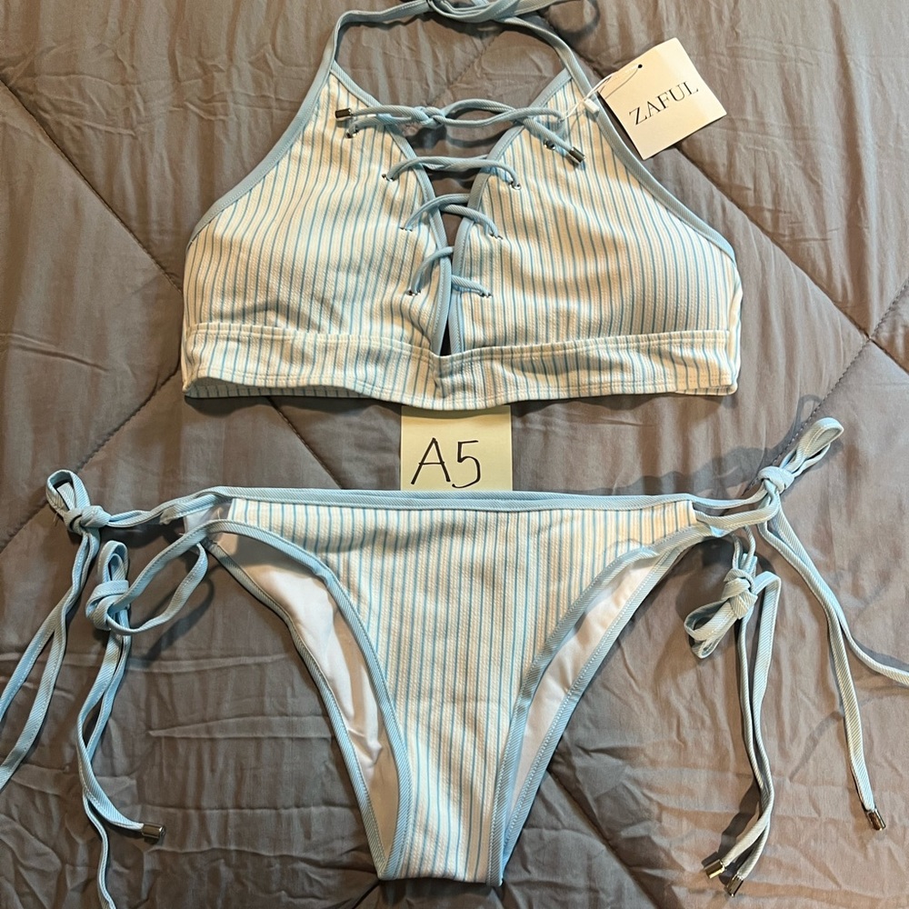 Blue and white striped bikini